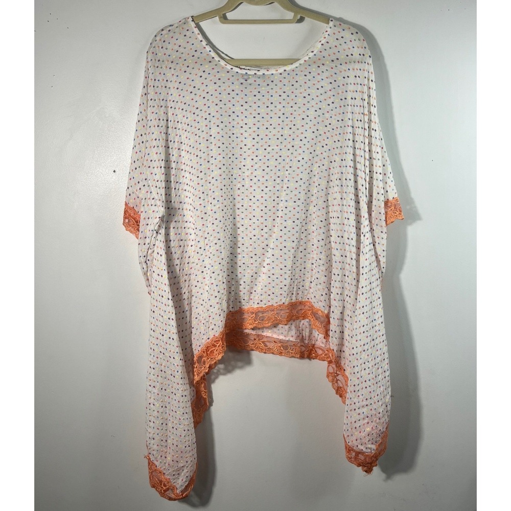 Womens L & B Textured Mini Square Lagenlook Crochet Hem‎ Tunic White Multi XL